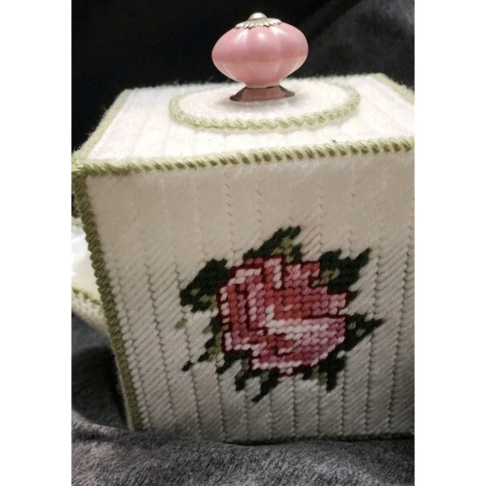 Vintage Handmade Needlepoint Teapot Tissue Box Cover Flower Grannycore Cottageco